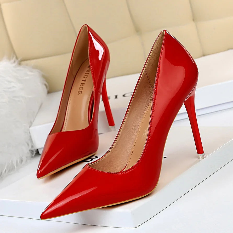 Autumn Patent Leather Concise Women's Shoes Pointed Toe Office High Heels Pumps Women Sexy Party Wedding Shoes Shallow Nude Red
