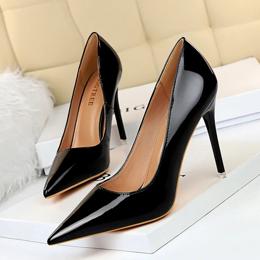 Autumn Patent Leather Concise Women's Shoes Pointed Toe Office High Heels Pumps Women Sexy Party Wedding Shoes Shallow Nude Red