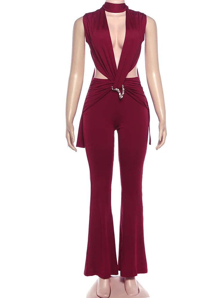 Nibber Metal Trim Jumpsuit Women Ruched Sexy Waistless Cross Hollow Bandage Coquette Midnight Workout Hipster Stretch Overalls