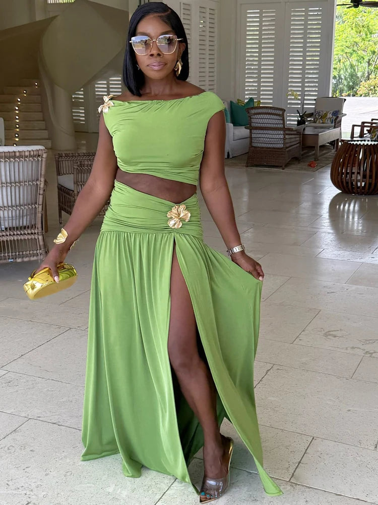 Beyprern Luxury Green Gold Broach Top & Maxi Skirt Set Two-Piece Dress Holiday Outfits Women High Slit Ruched Metal Bubble Dress