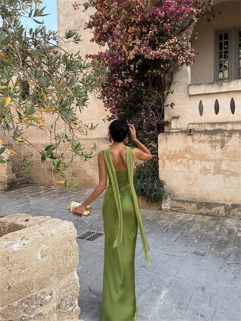 Mozision Satin Backless Sexy Maxi Dress Women Elegant Halter Off-shoulder Sleeveless Lace-up Bodycon Club Party Long Dresses