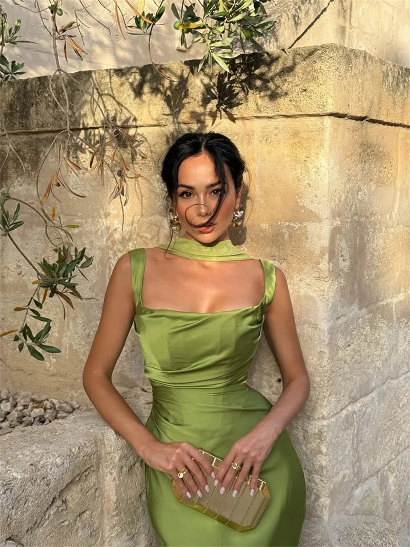 Mozision Satin Backless Sexy Maxi Dress Women Elegant Halter Off-shoulder Sleeveless Lace-up Bodycon Club Party Long Dresses