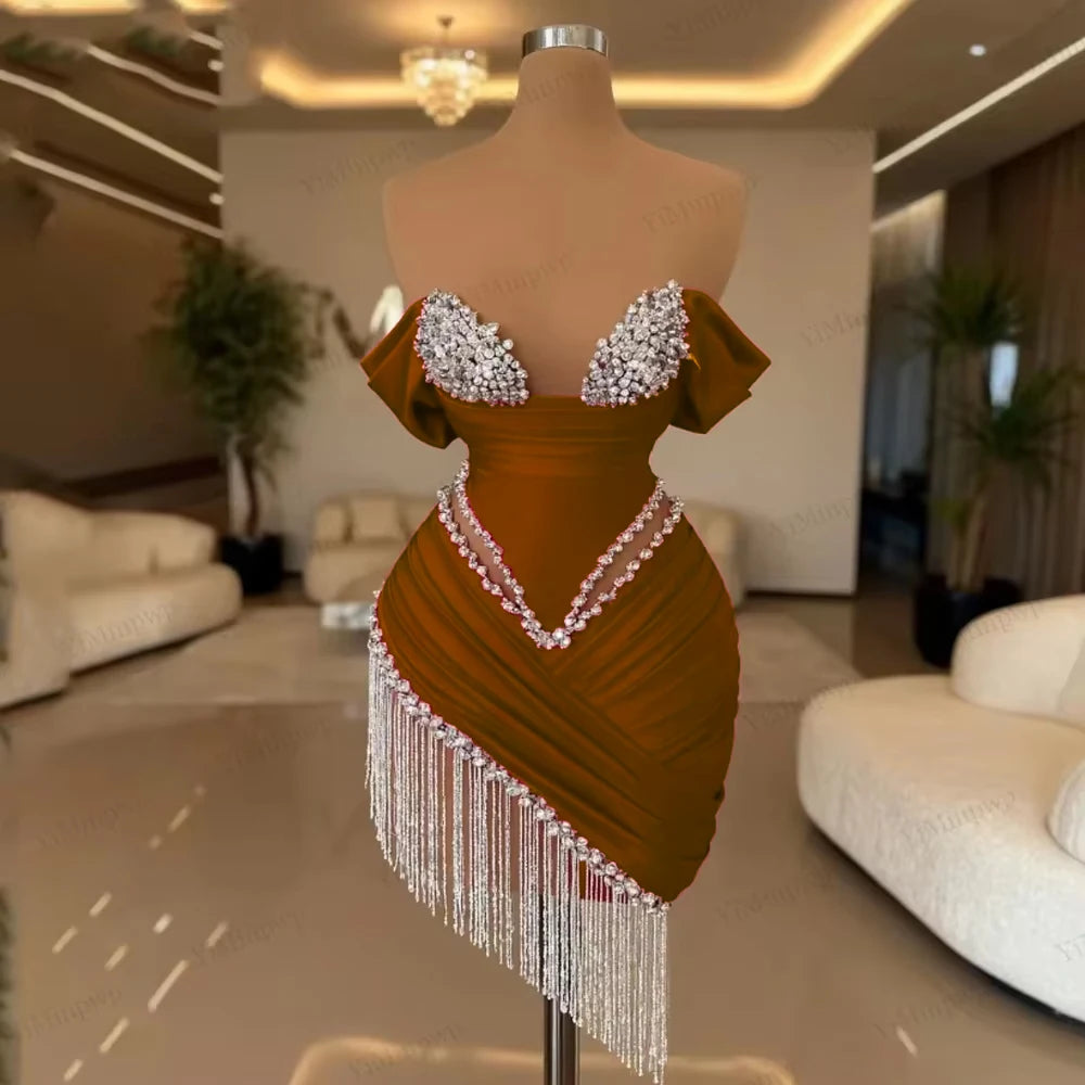 Crystal Ivory Cocktail Gown Pleat Straight Mini Homecoming Prom Dress Birthday Dress Satin Luxury 2025 Blackgirl Customized