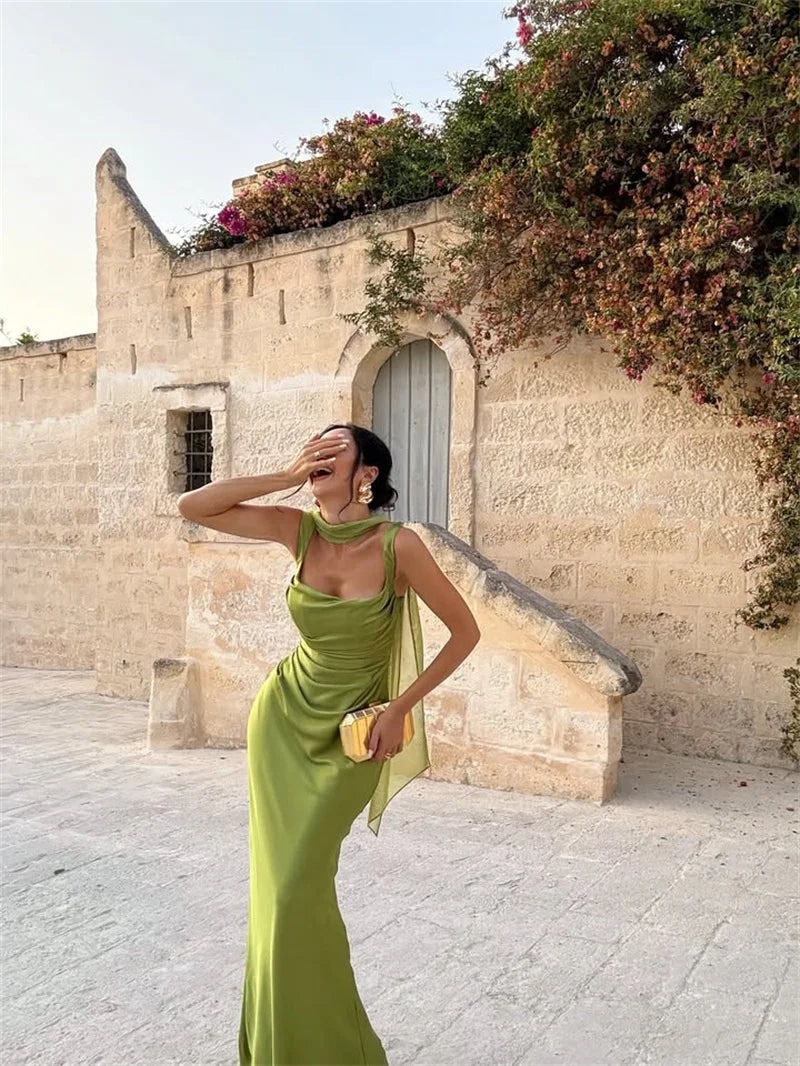 Mozision Satin Backless Sexy Maxi Dress Women Elegant Halter Off-shoulder Sleeveless Lace-up Bodycon Club Party Long Dresses