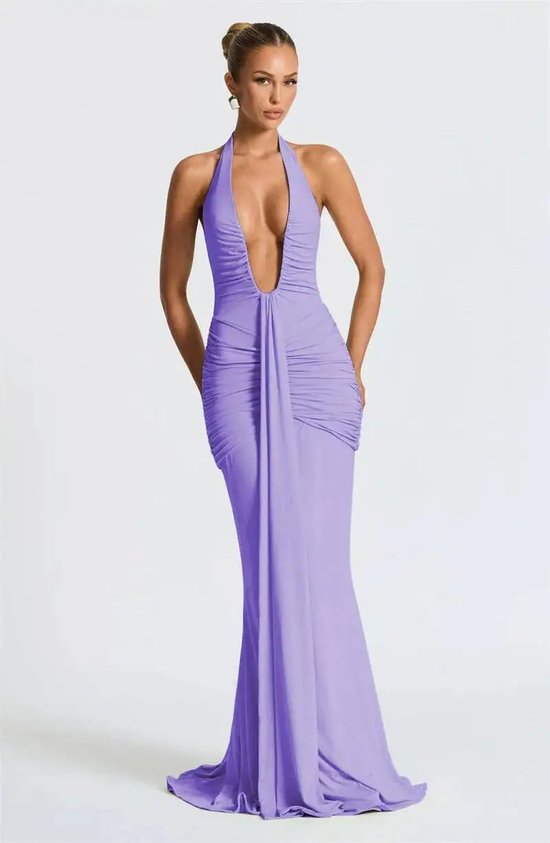 Deep V Neck Draped Ruched Sexy Maxi Dress Women Summer Fashion Halter Sleeveless Backless Club Party Long Dress Elegant BM98