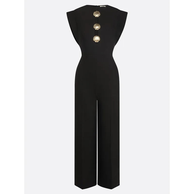 Tinaa Black Flying Sleeve Jumpsuit Women 2026 Spring Summer Formal O Neck Button Zipper Back Wide-leg Long Jumpsuit 197446