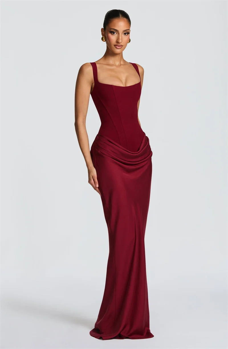 Mozision Elegant Backless Sexy Maxi Dress Women Gown Fashion Square Collar Sleeveless Skinny Ruched Club Party Long Dresses