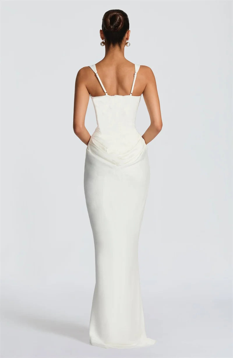 Mozision Elegant Backless Sexy Maxi Dress Women Gown Fashion Square Collar Sleeveless Skinny Ruched Club Party Long Dresses