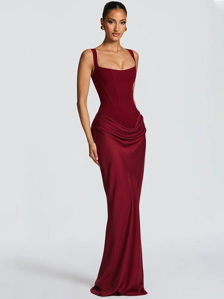 Mozision Elegant Backless Sexy Maxi Dress Women Gown Fashion Square Collar Sleeveless Skinny Ruched Club Party Long Dresses