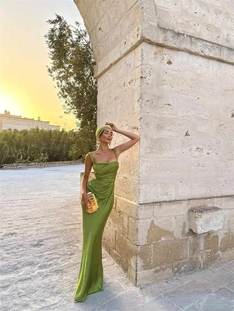 Mozision Satin Backless Sexy Maxi Dress Women Elegant Halter Off-shoulder Sleeveless Lace-up Bodycon Club Party Long Dresses