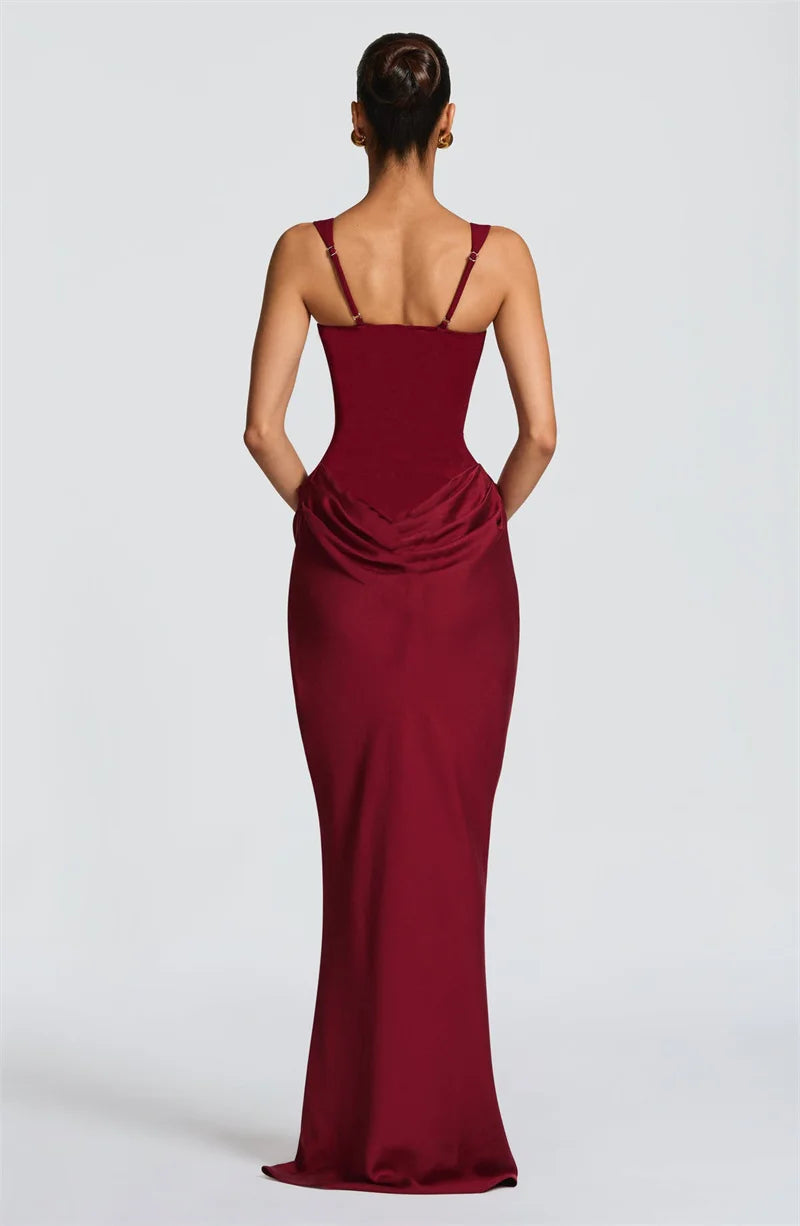 Mozision Elegant Backless Sexy Maxi Dress Women Gown Fashion Square Collar Sleeveless Skinny Ruched Club Party Long Dresses