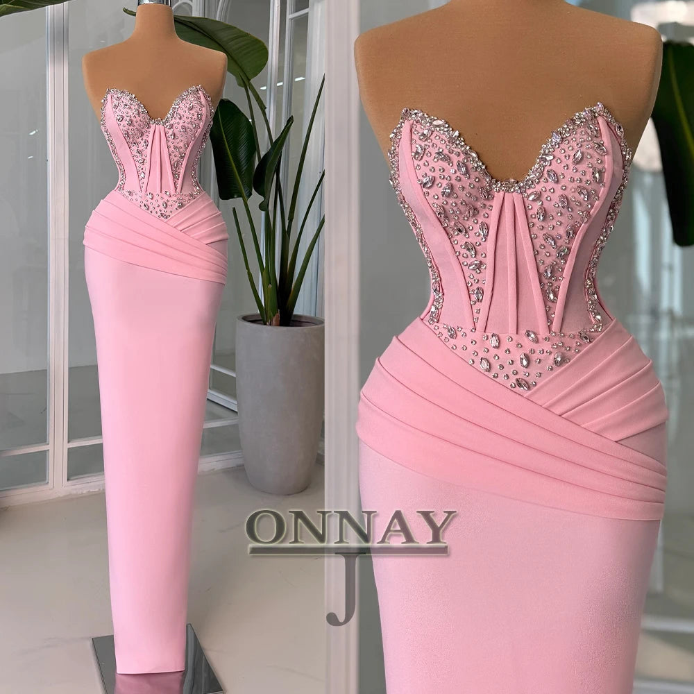 Customized Pink Mermaid Prom Dresses for Women Corset Crystals Saudi Arabric Gala Bespoke Occasion Gown Vestidos De Fiesta Plus