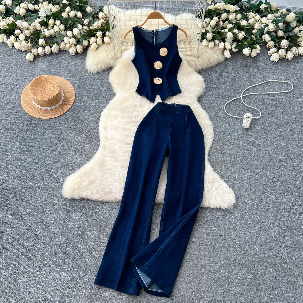 Fashion Denim Women Loungewear Sets Sleeveless Button Tank Tops and Wide Leg Jean Pants Suit 2025 Holiday Outfits 2 Piece Set