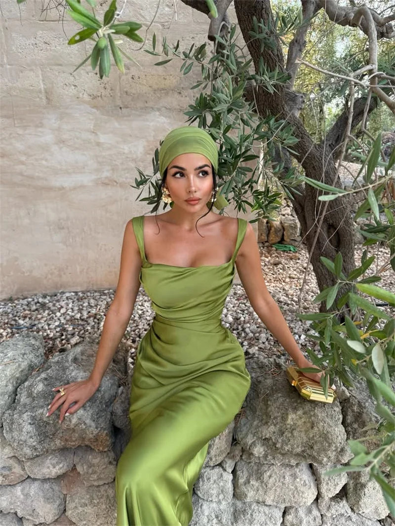 Mozision Satin Backless Sexy Maxi Dress Women Elegant Halter Off-shoulder Sleeveless Lace-up Bodycon Club Party Long Dresses