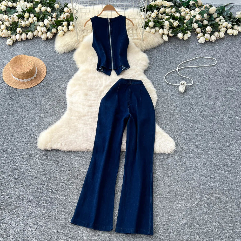 Fashion Denim Women Loungewear Sets Sleeveless Button Tank Tops and Wide Leg Jean Pants Suit 2025 Holiday Outfits 2 Piece Set