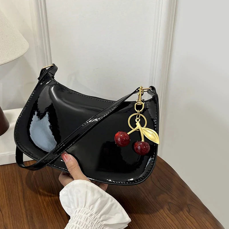 Vintage Retro Shoulder Bag for Women PU Leather Underarm Crossbody Ladies Casual Handbag Purse with Cherry Pendant