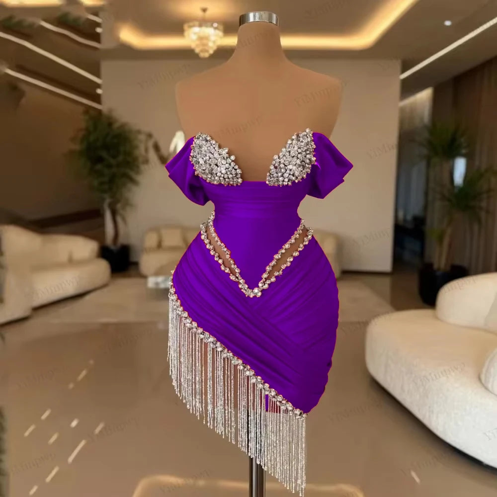 Crystal Ivory Cocktail Gown Pleat Straight Mini Homecoming Prom Dress Birthday Dress Satin Luxury 2025 Blackgirl Customized