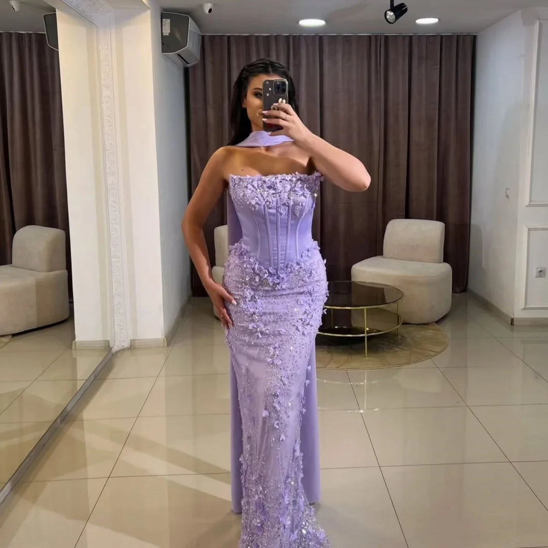 Bella Customize Purple Glitter 3D Flowers robes de soirée Mermaid Strapless Backless Prom Dresses Floor-Length Wedding Dress