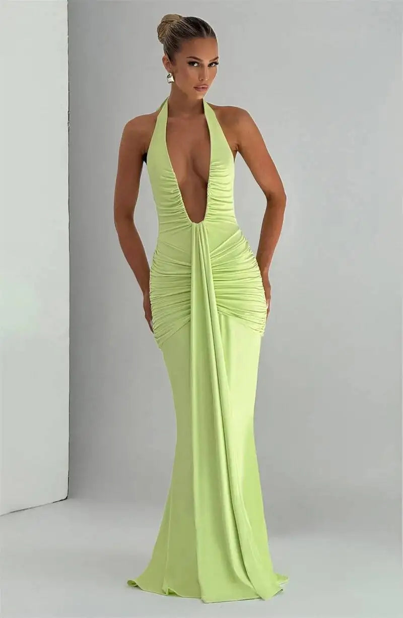 Deep V Neck Draped Ruched Sexy Maxi Dress Women Summer Fashion Halter Sleeveless Backless Club Party Long Dress Elegant BM98
