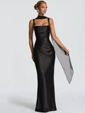 Mozision Satin Backless Sexy Maxi Dress Women Elegant Halter Off-shoulder Sleeveless Lace-up Bodycon Club Party Long Dresses
