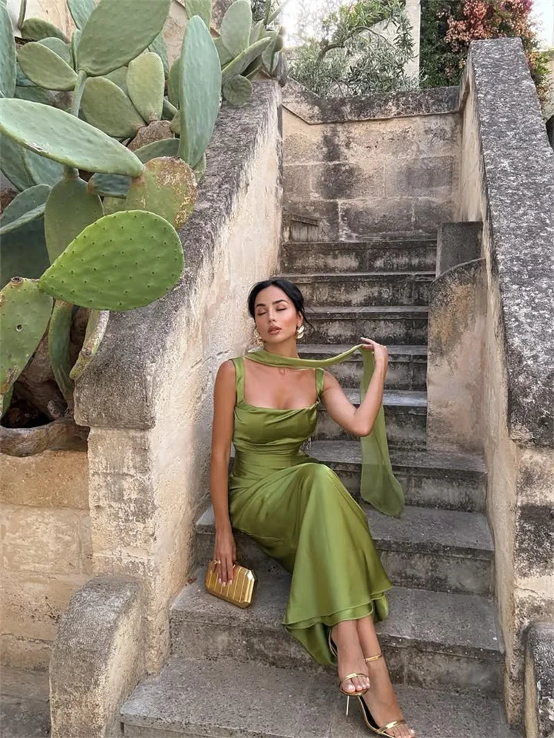 Mozision Satin Backless Sexy Maxi Dress Women Elegant Halter Off-shoulder Sleeveless Lace-up Bodycon Club Party Long Dresses