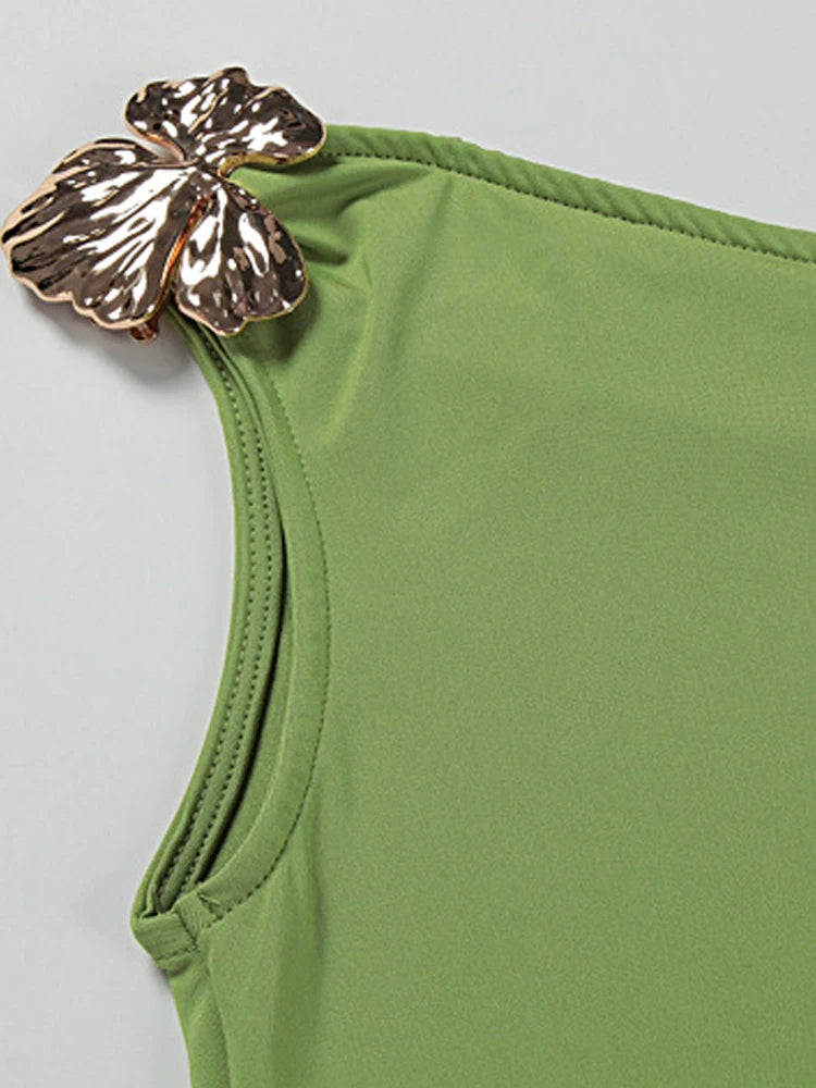 Beyprern Luxury Green Gold Broach Top & Maxi Skirt Set Two-Piece Dress Holiday Outfits Women High Slit Ruched Metal Bubble Dress