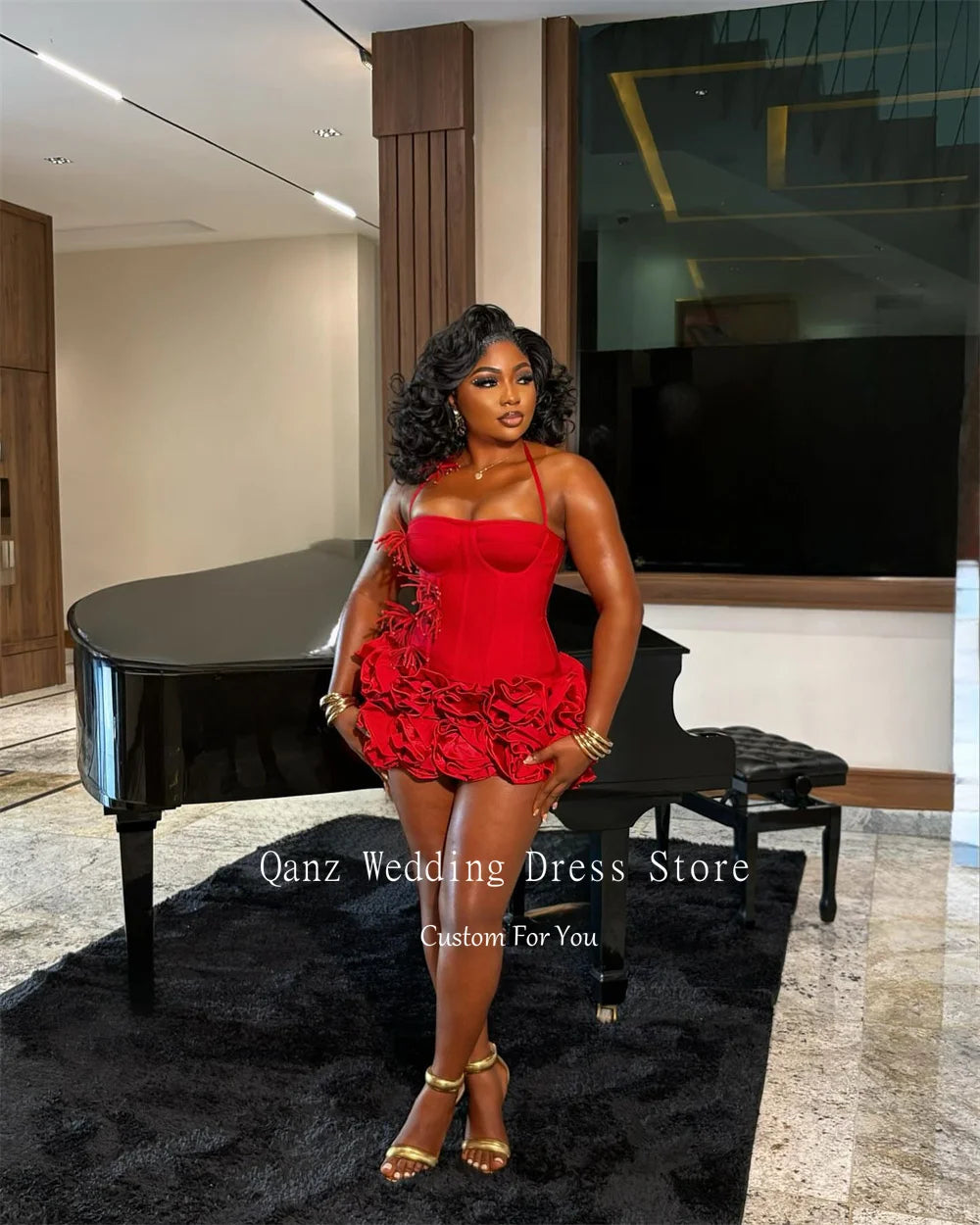 Qanz Red Birthday Dresses Baddie Black Girl Halter Neck Mini Prom Dresses Sweertheart Ruffles Wedding Party Dress Customized