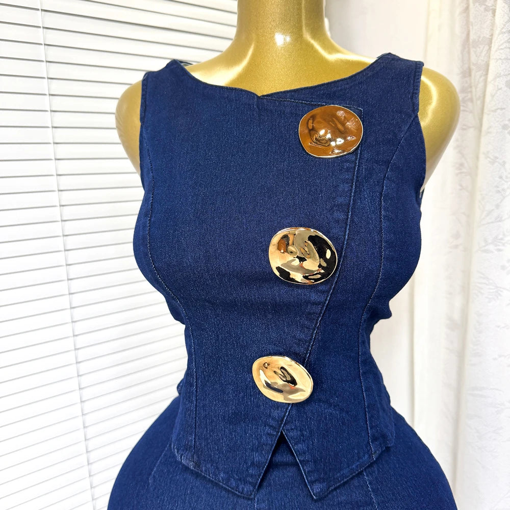 Fashion Denim Women Loungewear Sets Sleeveless Button Tank Tops and Wide Leg Jean Pants Suit 2025 Holiday Outfits 2 Piece Set