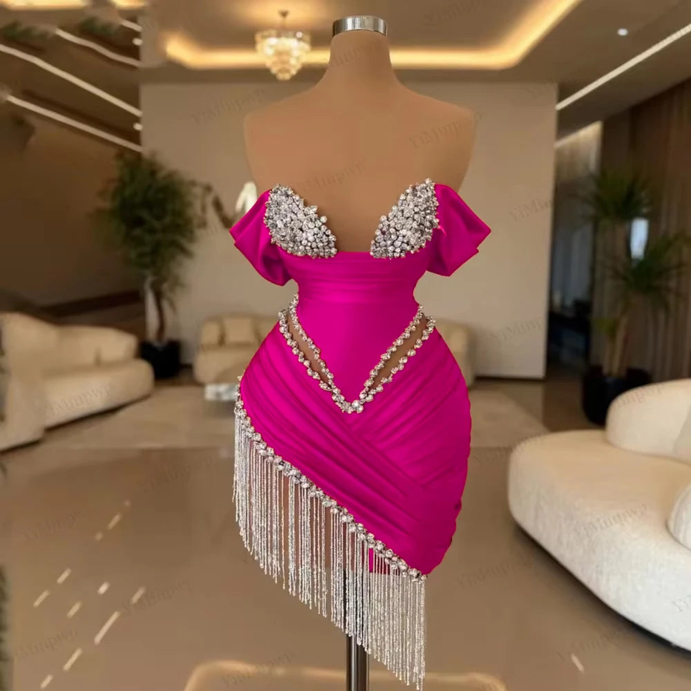 Crystal Ivory Cocktail Gown Pleat Straight Mini Homecoming Prom Dress Birthday Dress Satin Luxury 2025 Blackgirl Customized