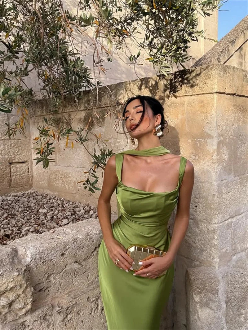 Mozision Satin Backless Sexy Maxi Dress Women Elegant Halter Off-shoulder Sleeveless Lace-up Bodycon Club Party Long Dresses