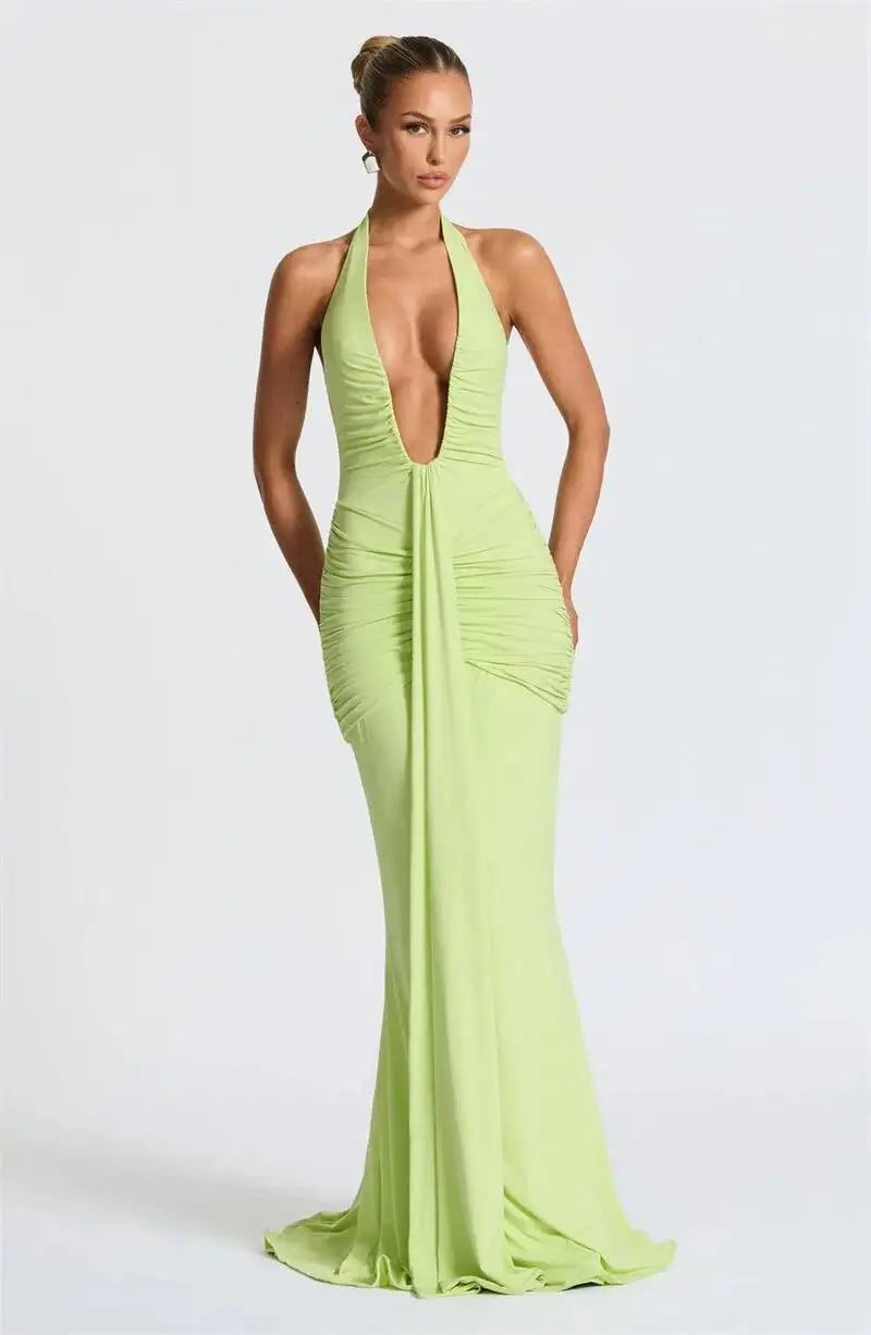 Deep V Neck Draped Ruched Sexy Maxi Dress Women Summer Fashion Halter Sleeveless Backless Club Party Long Dress Elegant BM98