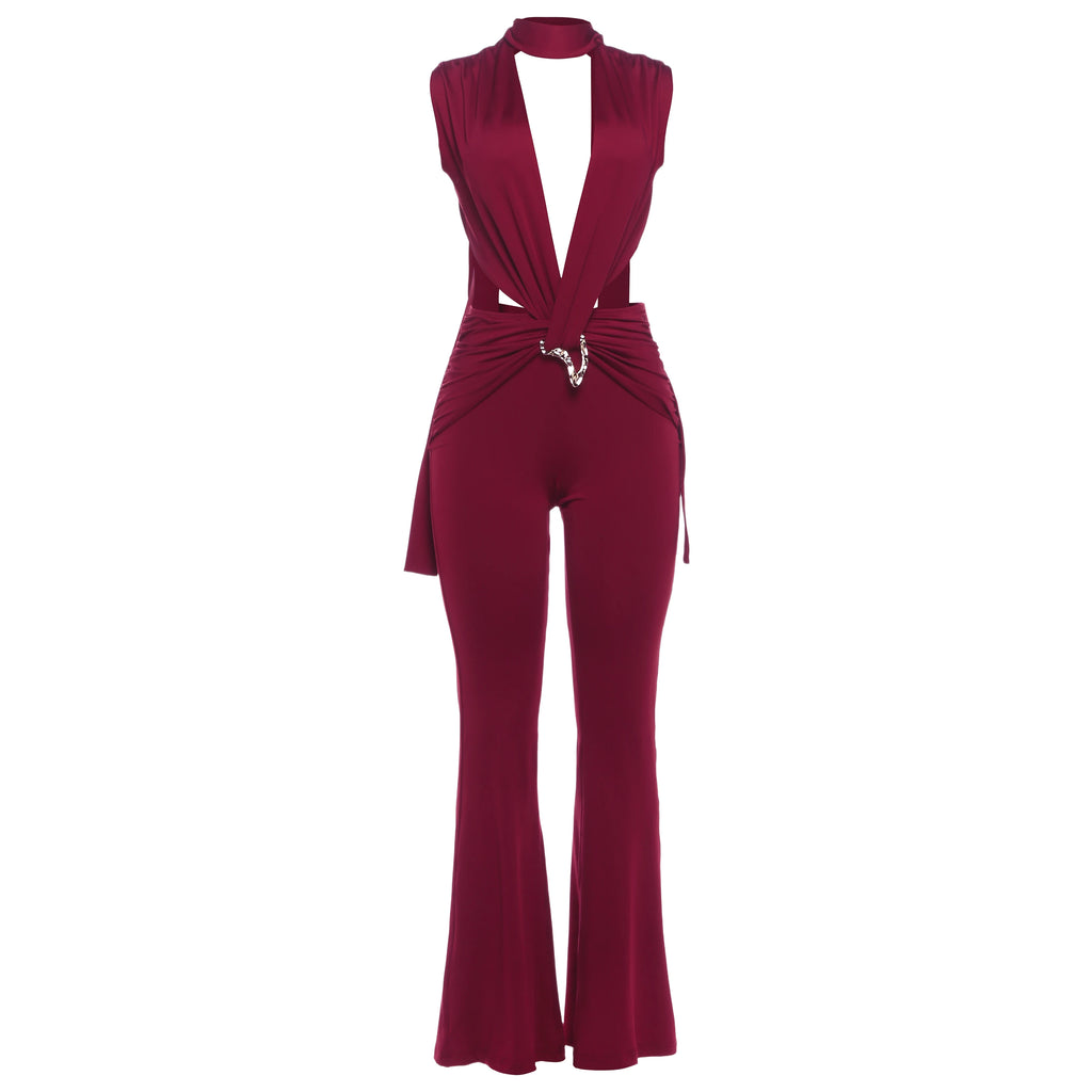Nibber Metal Trim Jumpsuit Women Ruched Sexy Waistless Cross Hollow Bandage Coquette Midnight Workout Hipster Stretch Overalls