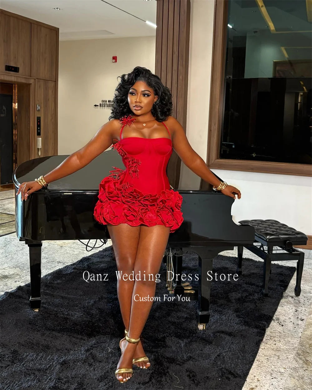 Qanz Red Birthday Dresses Baddie Black Girl Halter Neck Mini Prom Dresses Sweertheart Ruffles Wedding Party Dress Customized