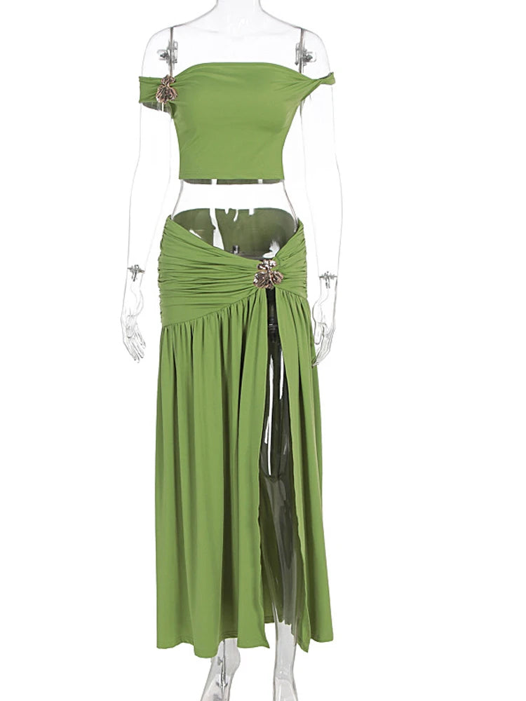 Beyprern Luxury Green Gold Broach Top & Maxi Skirt Set Two-Piece Dress Holiday Outfits Women High Slit Ruched Metal Bubble Dress