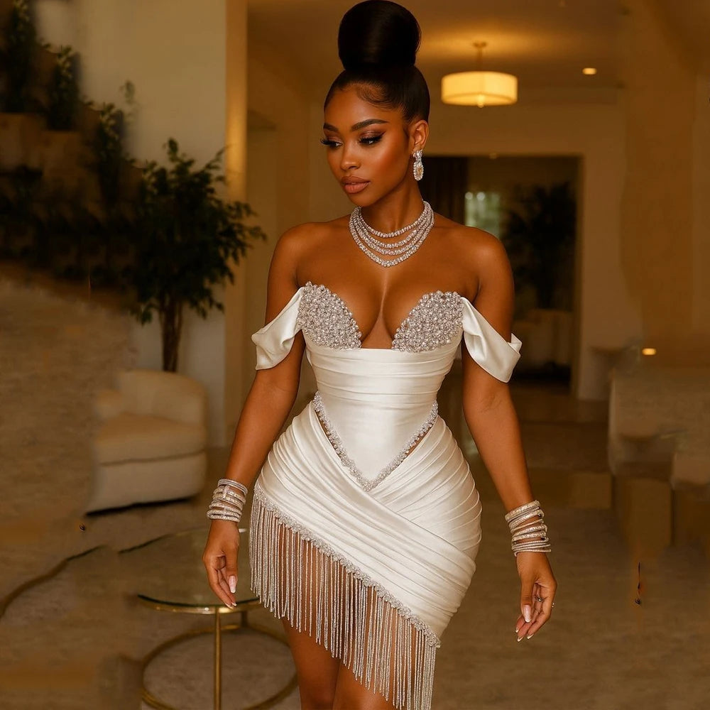 Crystal Ivory Cocktail Gown Pleat Straight Mini Homecoming Prom Dress Birthday Dress Satin Luxury 2025 Blackgirl Customized