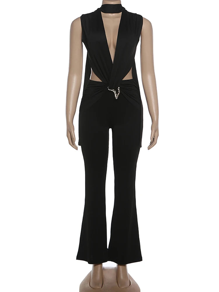 Nibber Metal Trim Jumpsuit Women Ruched Sexy Waistless Cross Hollow Bandage Coquette Midnight Workout Hipster Stretch Overalls
