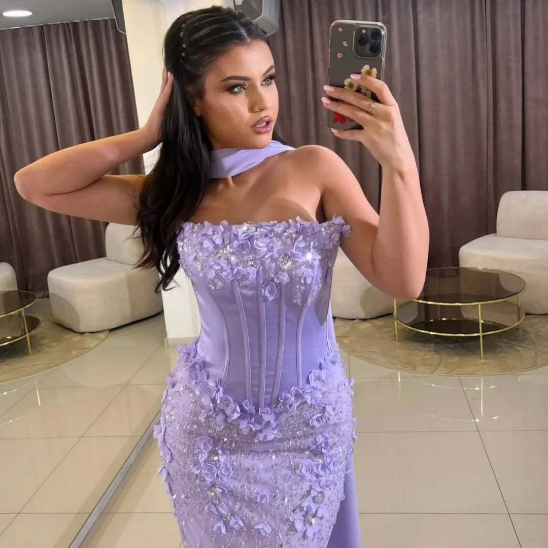 Bella Customize Purple Glitter 3D Flowers robes de soirée Mermaid Strapless Backless Prom Dresses Floor-Length Wedding Dress