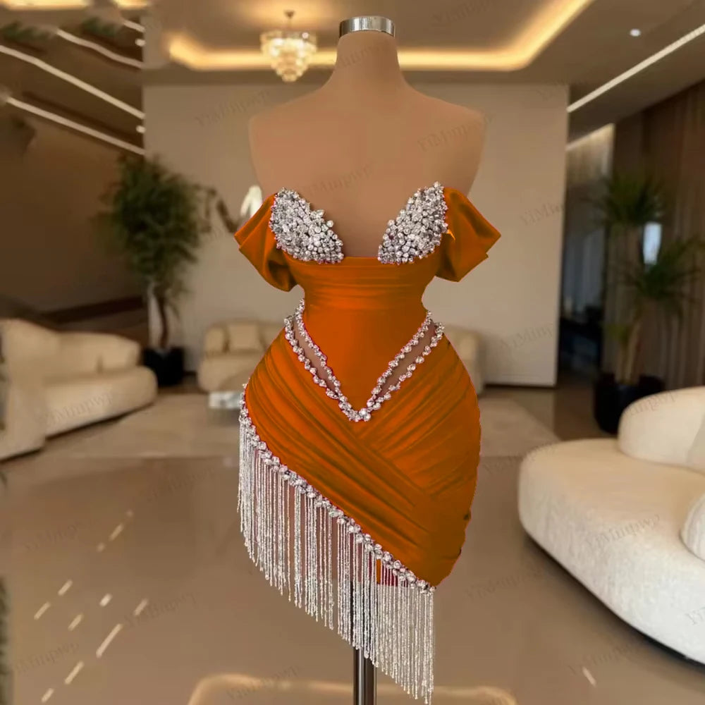 Crystal Ivory Cocktail Gown Pleat Straight Mini Homecoming Prom Dress Birthday Dress Satin Luxury 2025 Blackgirl Customized