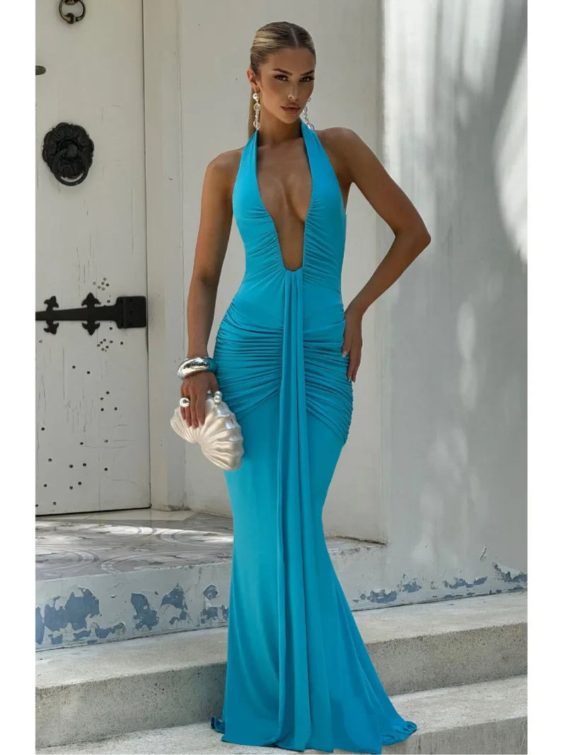 Deep V Neck Draped Ruched Sexy Maxi Dress Women Summer Fashion Halter Sleeveless Backless Club Party Long Dress Elegant BM98