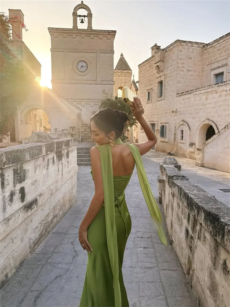 Mozision Satin Backless Sexy Maxi Dress Women Elegant Halter Off-shoulder Sleeveless Lace-up Bodycon Club Party Long Dresses