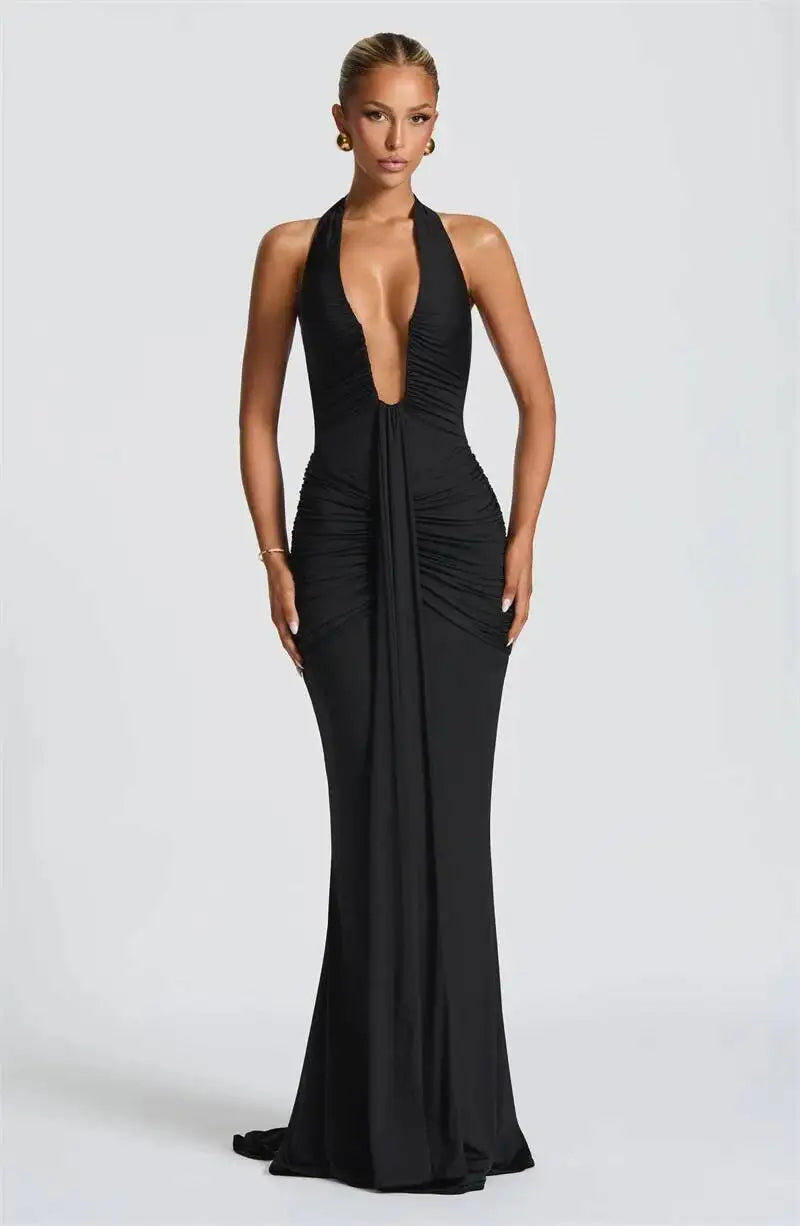 Deep V Neck Draped Ruched Sexy Maxi Dress Women Summer Fashion Halter Sleeveless Backless Club Party Long Dress Elegant BM98