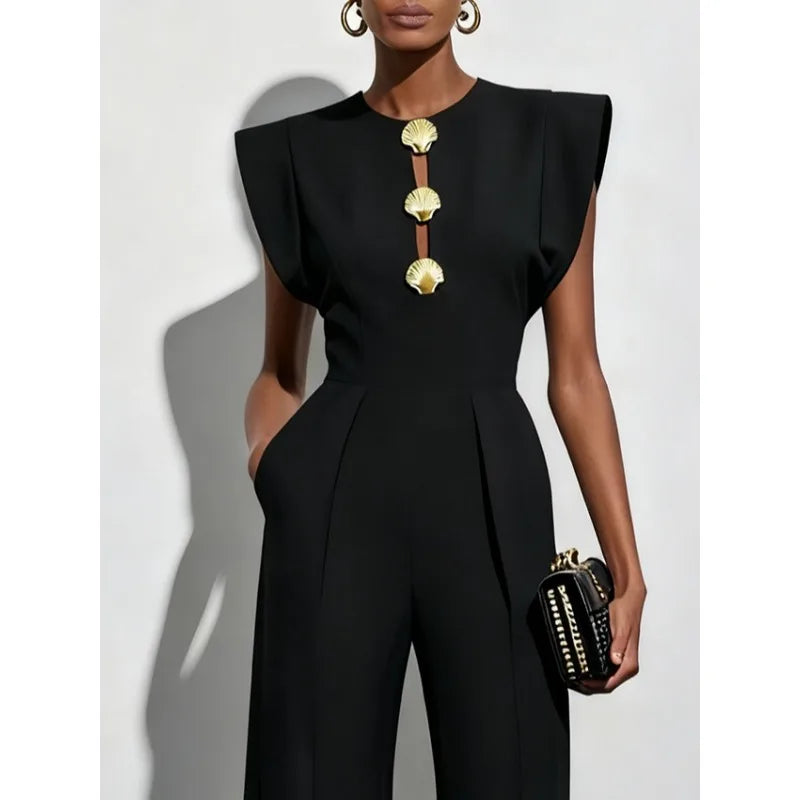 Tinaa Black Flying Sleeve Jumpsuit Women 2026 Spring Summer Formal O Neck Button Zipper Back Wide-leg Long Jumpsuit 197446