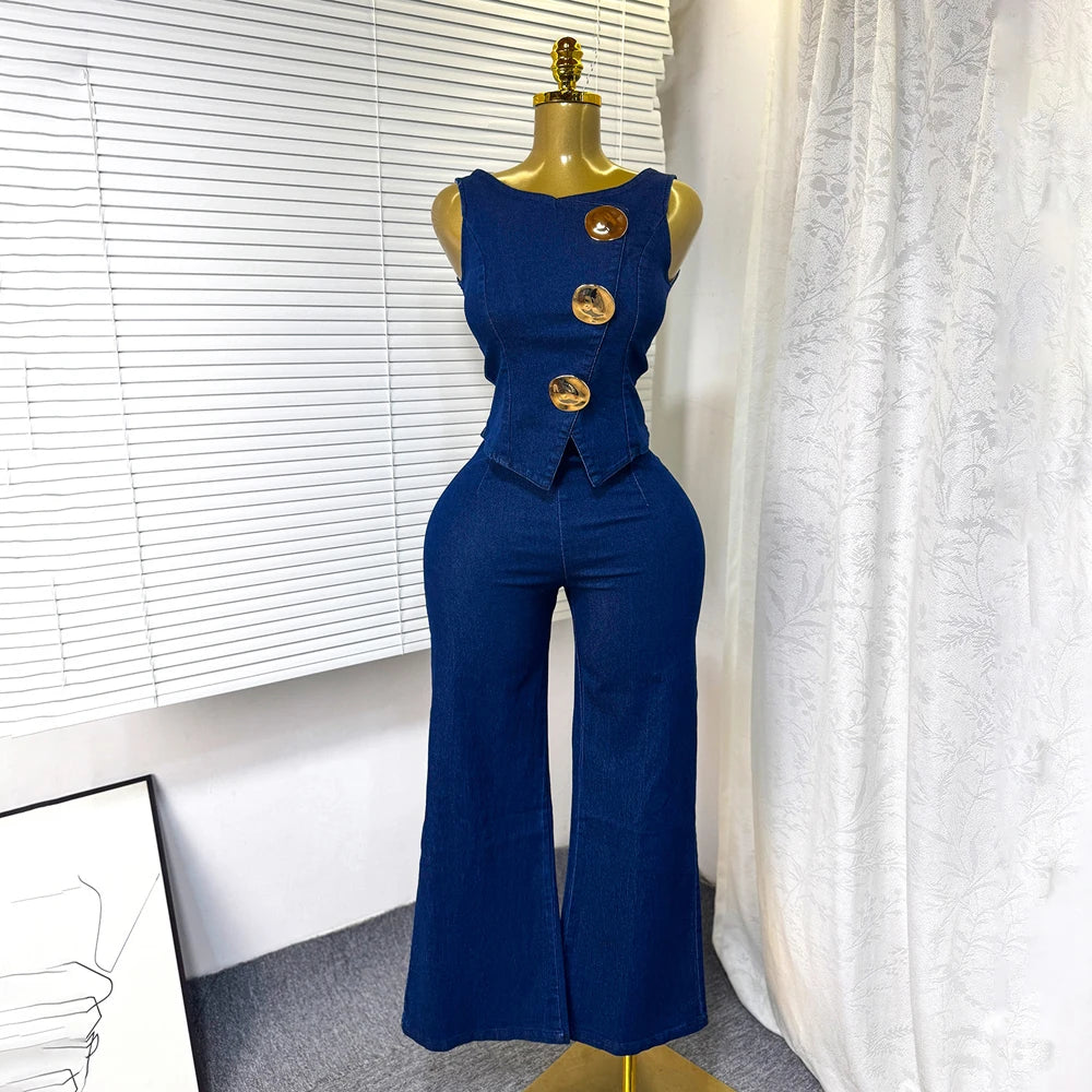 Fashion Denim Women Loungewear Sets Sleeveless Button Tank Tops and Wide Leg Jean Pants Suit 2025 Holiday Outfits 2 Piece Set