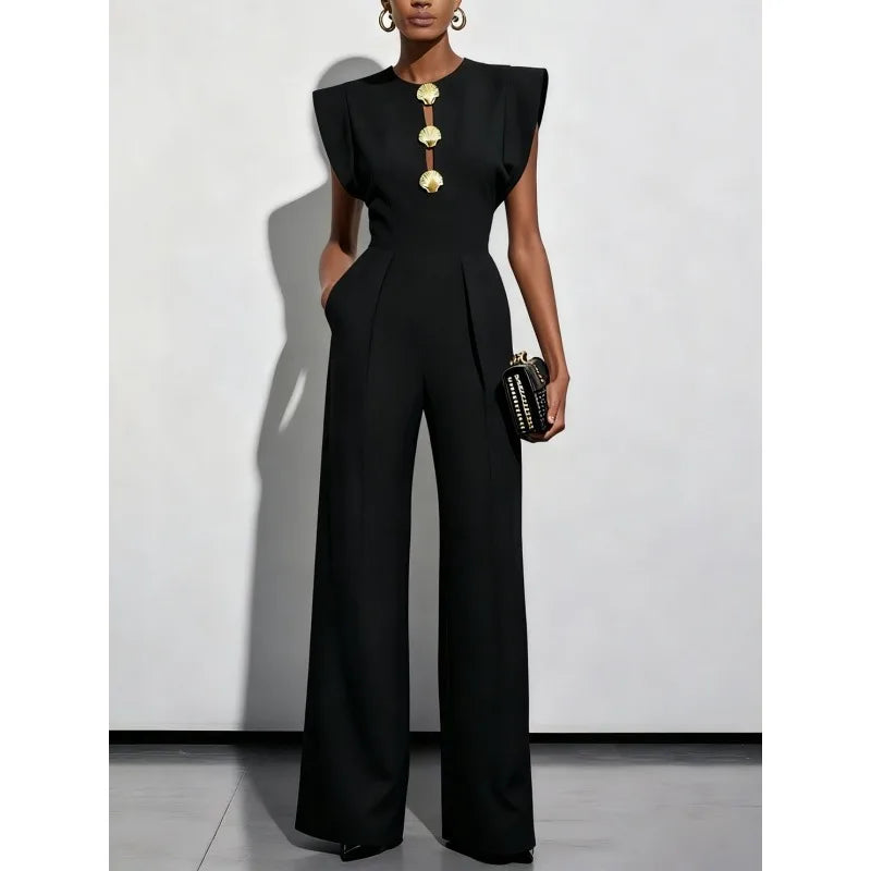 Tinaa Black Flying Sleeve Jumpsuit Women 2026 Spring Summer Formal O Neck Button Zipper Back Wide-leg Long Jumpsuit 197446