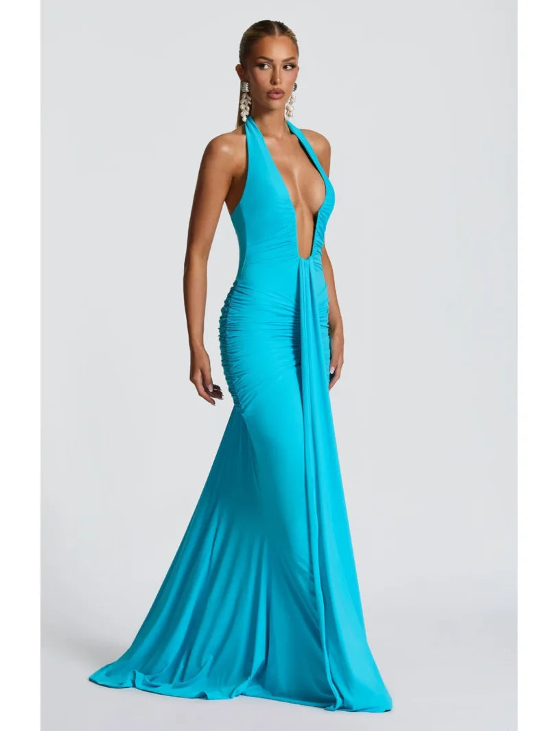 Deep V Neck Draped Ruched Sexy Maxi Dress Women Summer Fashion Halter Sleeveless Backless Club Party Long Dress Elegant BM98