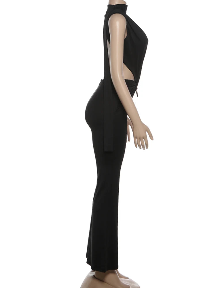 Nibber Metal Trim Jumpsuit Women Ruched Sexy Waistless Cross Hollow Bandage Coquette Midnight Workout Hipster Stretch Overalls