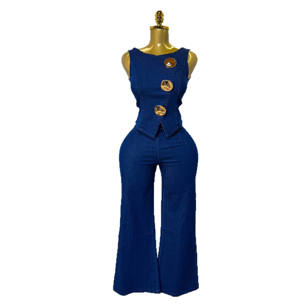 Fashion Denim Women Loungewear Sets Sleeveless Button Tank Tops and Wide Leg Jean Pants Suit 2025 Holiday Outfits 2 Piece Set