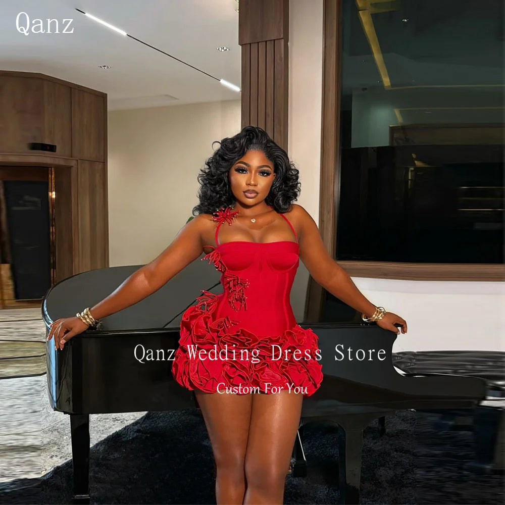 Qanz Red Birthday Dresses Baddie Black Girl Halter Neck Mini Prom Dresses Sweertheart Ruffles Wedding Party Dress Customized