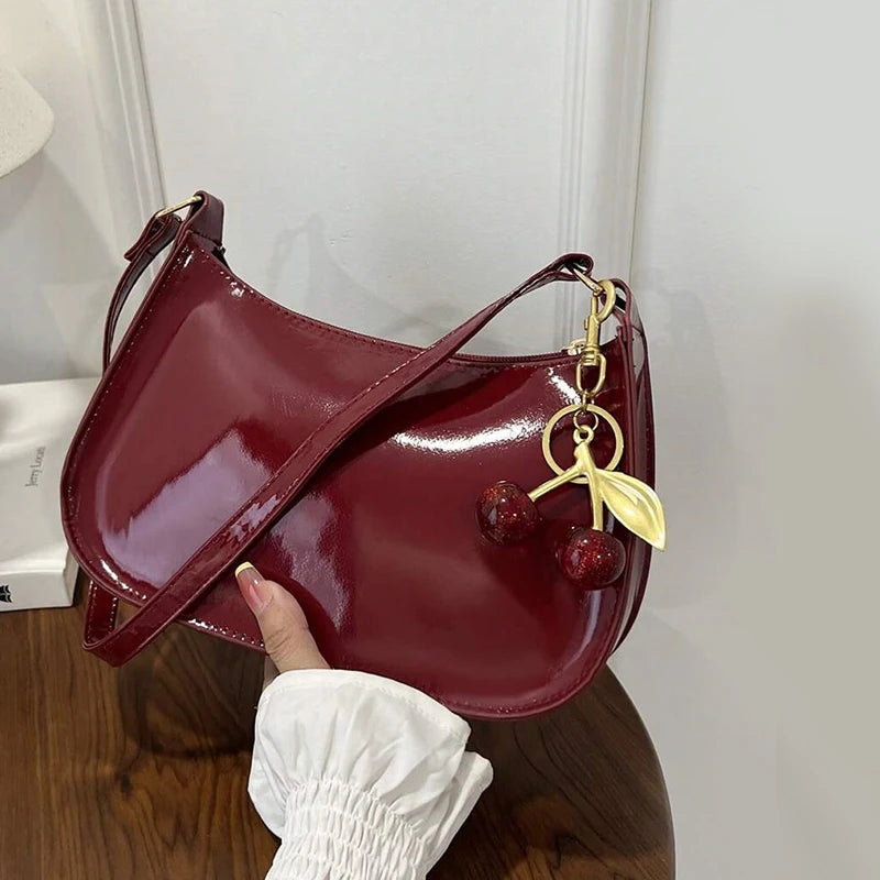 Vintage Retro Shoulder Bag for Women PU Leather Underarm Crossbody Ladies Casual Handbag Purse with Cherry Pendant