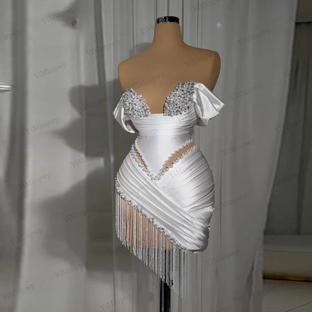 Crystal Ivory Cocktail Gown Pleat Straight Mini Homecoming Prom Dress Birthday Dress Satin Luxury 2025 Blackgirl Customized